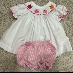 White smocked top with Pink Striped Bloomers